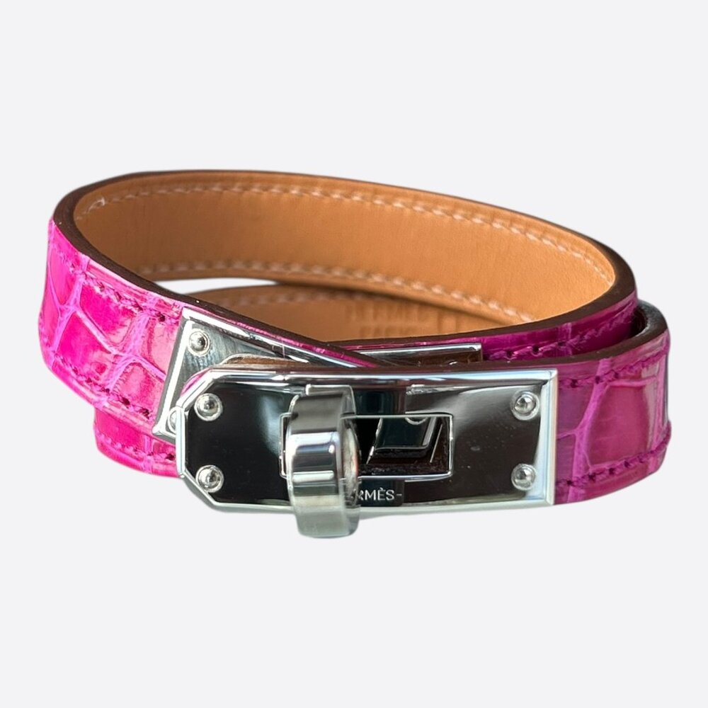 Hermes Pink Crocodile & Palladium Hardware Kelly Double Tour Bracelet